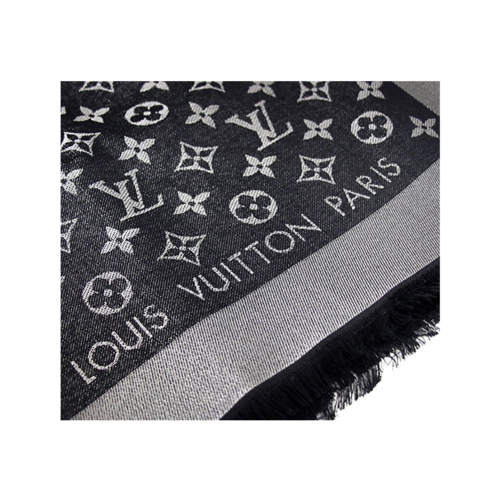 【Louis Vuitton 路易威登】 M75123 經典Monogram Shine系列羊毛混絲流蘇飾邊圍巾/披巾(黑色)