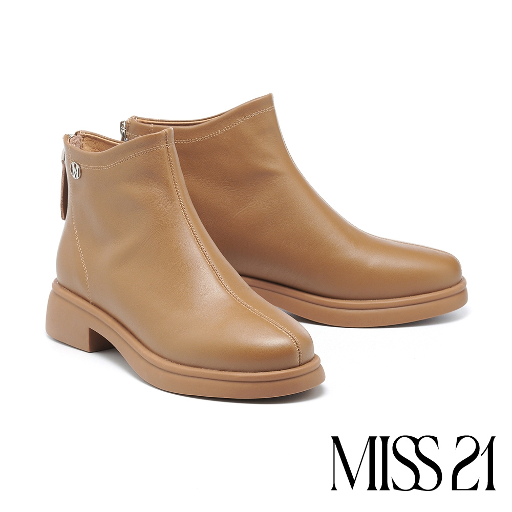 短靴 MISS 21 極簡率性純色LOGO後拉鍊全真皮厚底短靴－棕