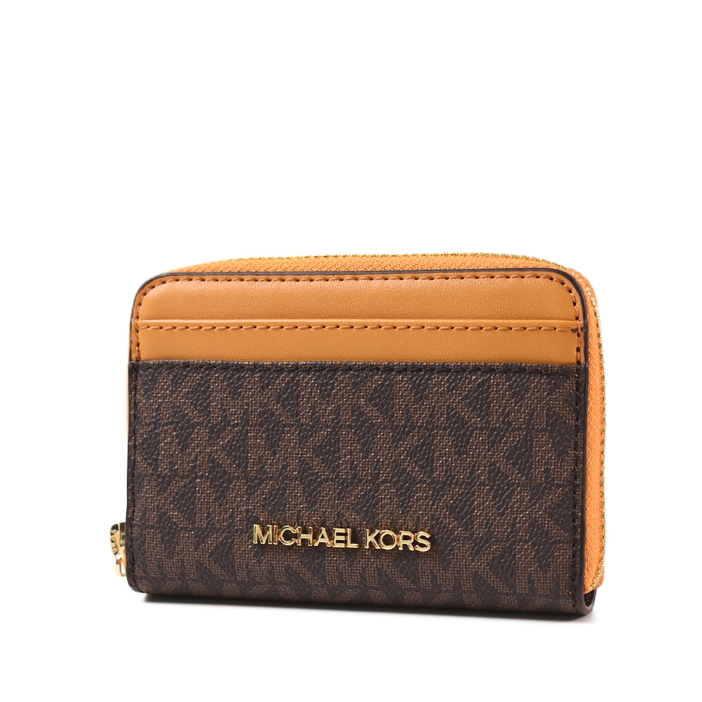 MICHAEL KORS 緹花LOGO防刮皮革拉鍊零錢包/卡包-陽橙