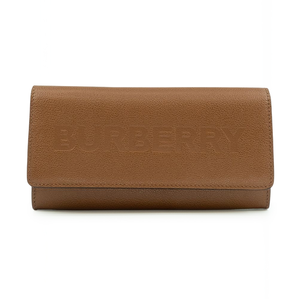 【BURBERRY 巴寶莉】BURBERRY 經典LOGO壓印牛皮翻蓋長夾 (棕)