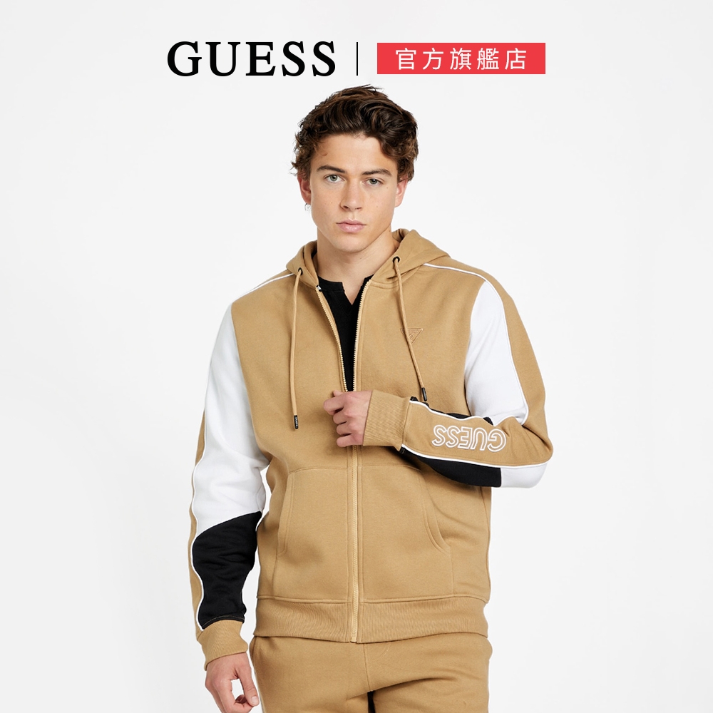 【GUESS】撞色拼接休閒連帽外套-卡其