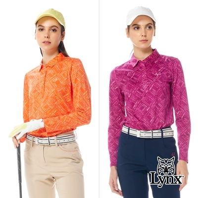 【Lynx Golf】女款純棉雙絲光滿版Lynx英文字樣印花長袖POLO衫/高爾夫球衫(二色)