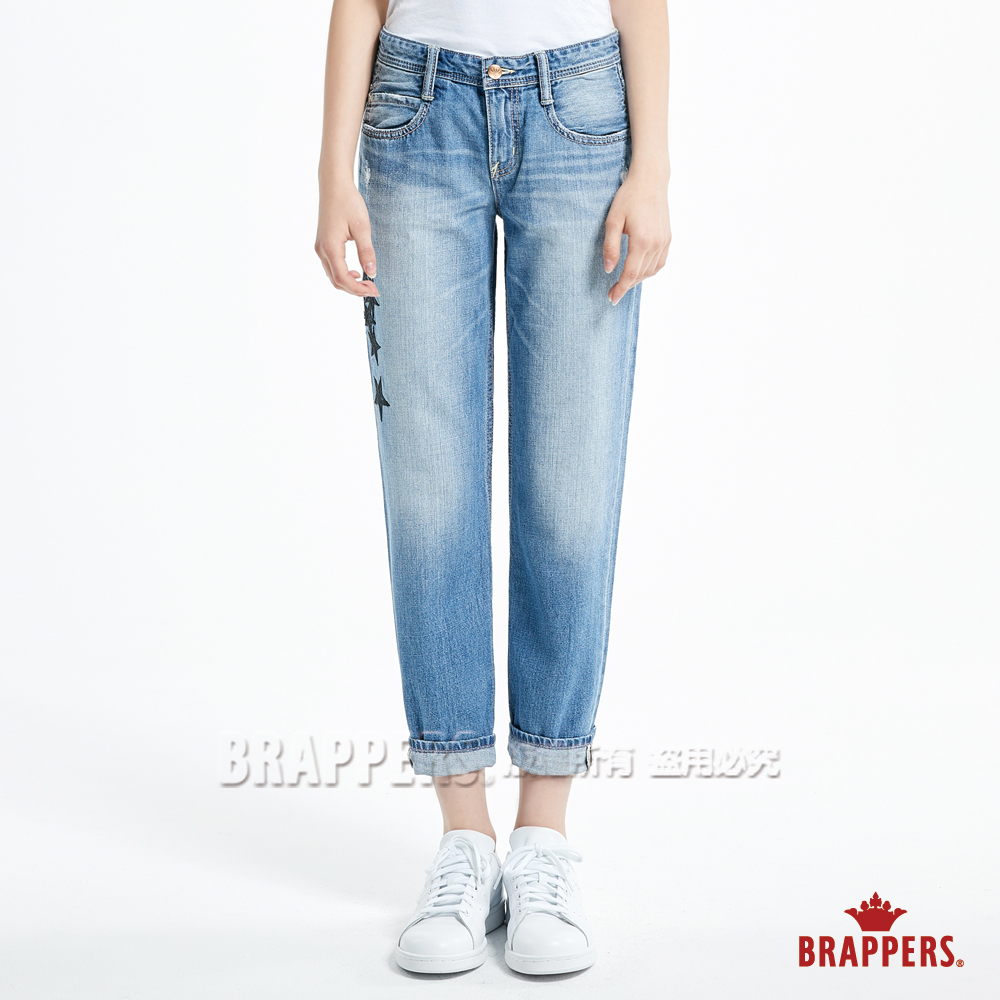 BRAPPERS 女款 Boy friend 系列-女用七顆星八分反摺褲-淺藍