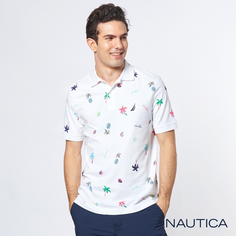 Nautica 熱帶雨林印花短袖POLO衫-白