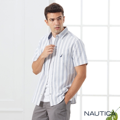 Nautica 男裝 粗細條紋文青短袖襯衫-藍