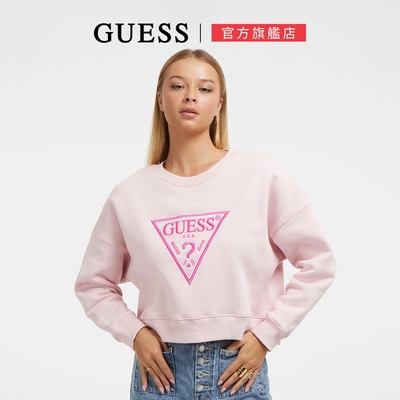 【GUESS】經典LOGO落肩短版長袖大學T-兩色任選