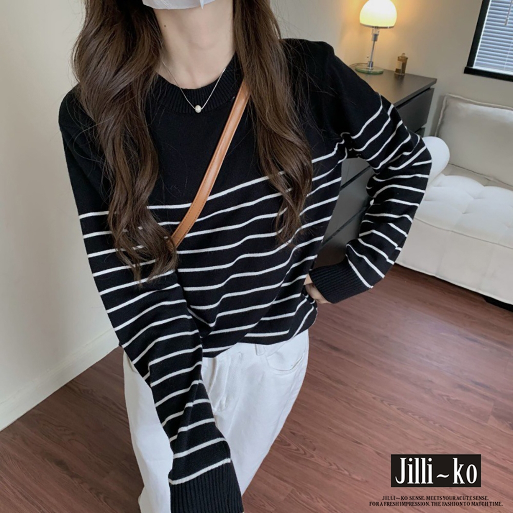 JILLI-KO 條紋寬鬆針織衫女法式經典長袖T恤上衣- 黑/白