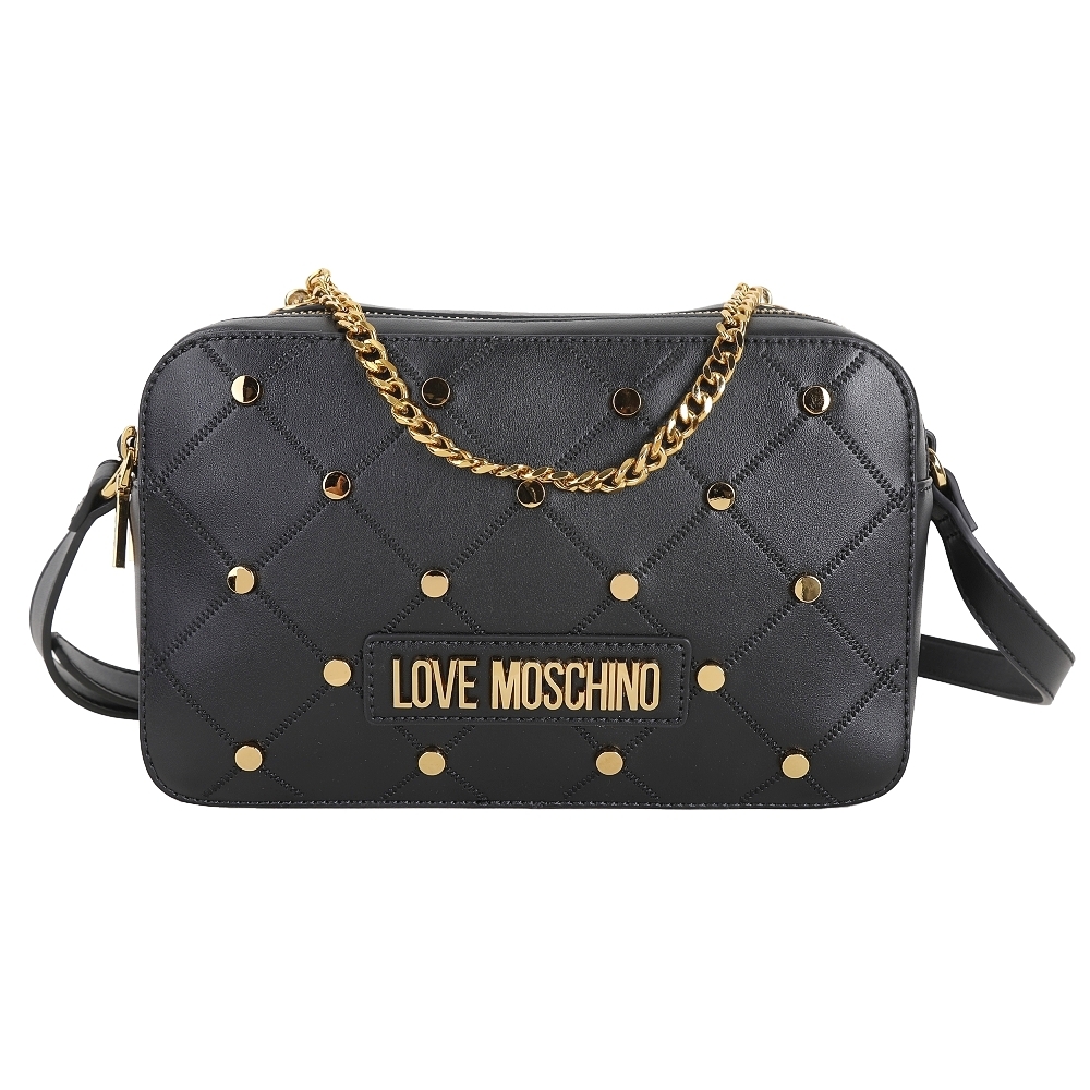 LOVE MOSCHINO 鉚釘菱格紋皮革鍊帶手提/斜背包(黑色)