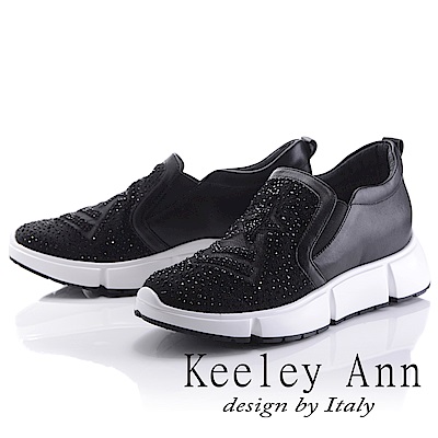 Keeley Ann 個性玩酷~水鑽星星造型網紗真皮厚底休閒鞋(黑色-Ann)