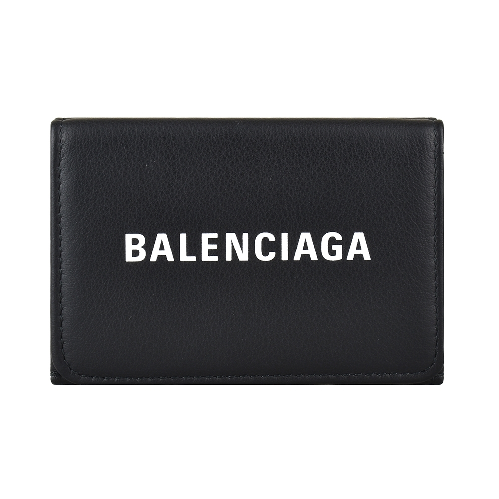 BALENCIAGA EVERYDAY白字燙印LOGO小牛皮3卡扣式三折短夾(迷你/黑)