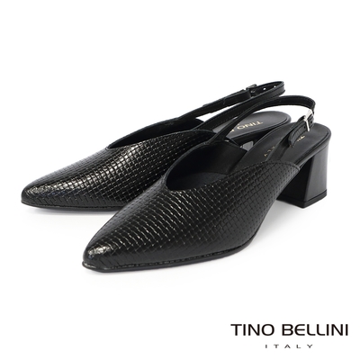 Tino Bellini 義大利進口特殊紋理牛皮尖頭後釦帶粗跟鞋_黑