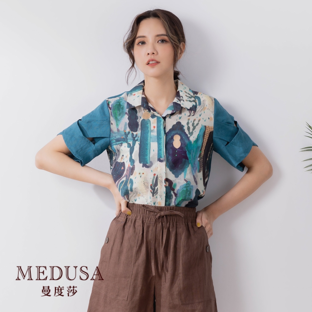 【MEDUSA 曼度莎】水彩塗鴉交叉袖亞麻襯衫 (M-XL) | 女裝 上衣 襯衫 | 上班穿搭 休閒穿搭