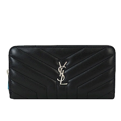 YSL MONOGRAM系列 Y車線羊皮銀釦拉鍊長夾(黑)