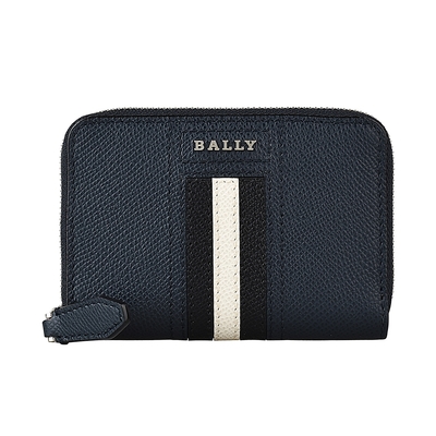 BALLY TIVY銀字LOGO黑白黑條紋牛皮2卡拉鍊零錢包(深藍)