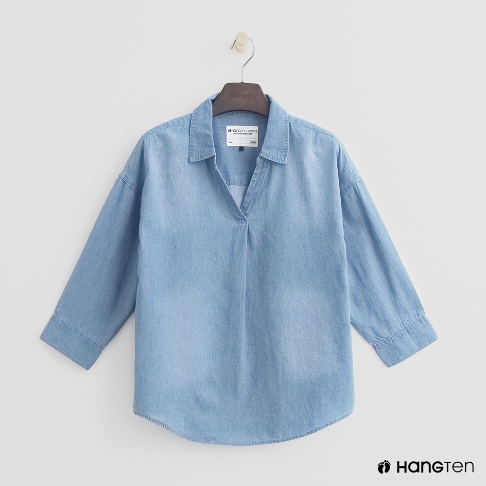 Hang Ten - 女裝 - 小開領丹寧刷色襯衫 - 淺藍