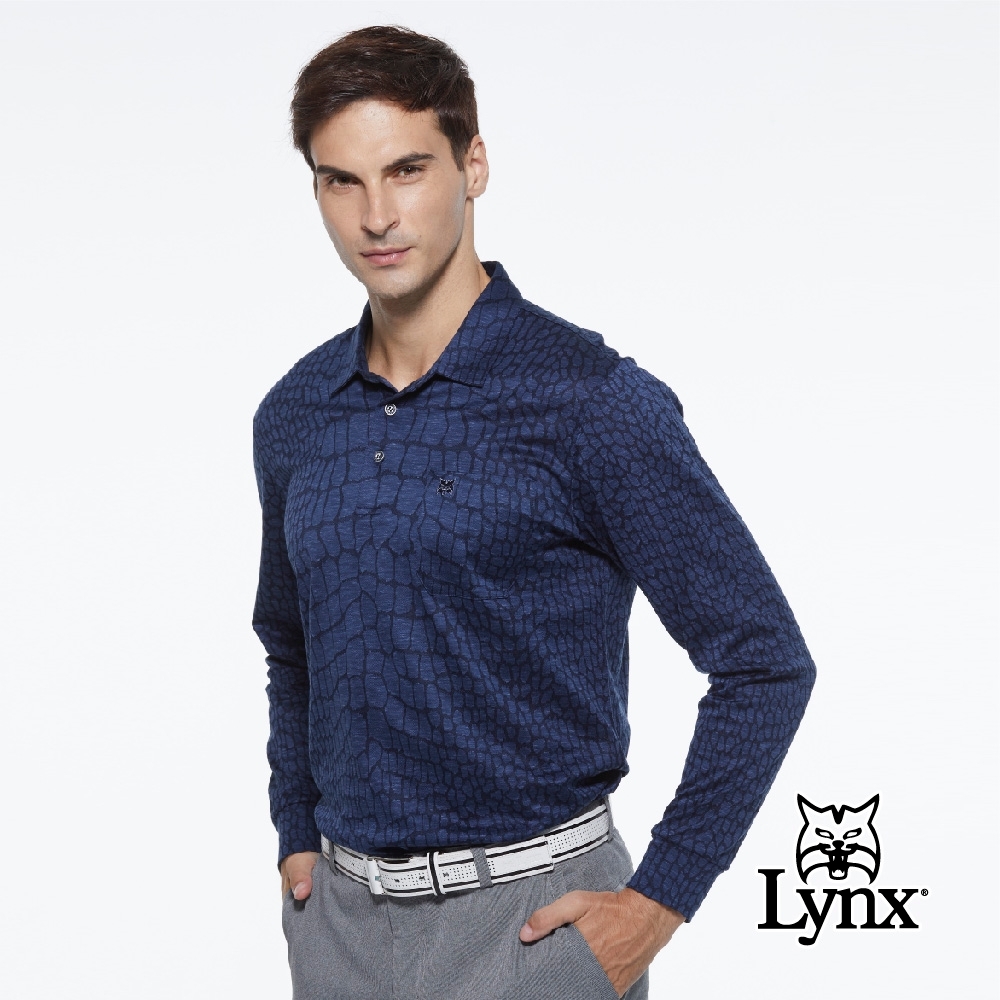 【Lynx Golf】男款歐洲進口布料純棉鱷魚紋胸袋款長袖POLO衫-藍色