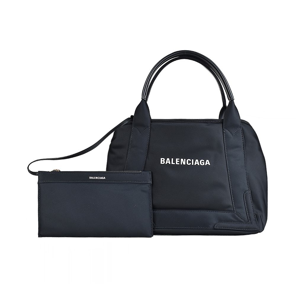 BALENCIAGA巴黎世家NAVY字母LOGO尼龍搭牛皮肩背子母包(小/黑x白)