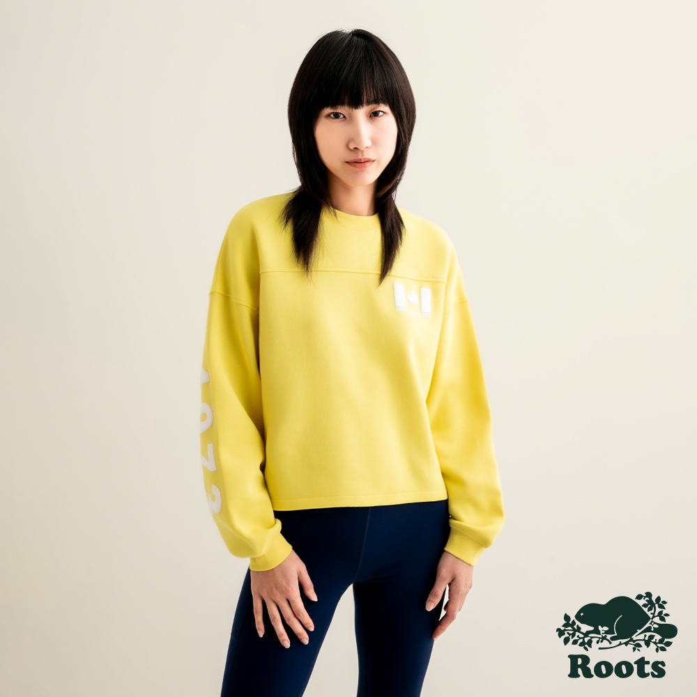 Roots 女裝-摩登都市系列 雙面布寬短版落肩長袖上衣-黃色