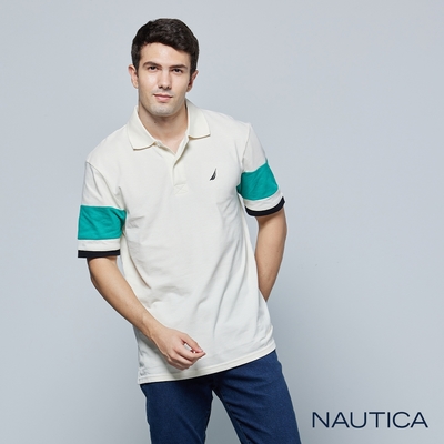 Nautica 男裝 跳色拼接袖短袖POLO衫-米色