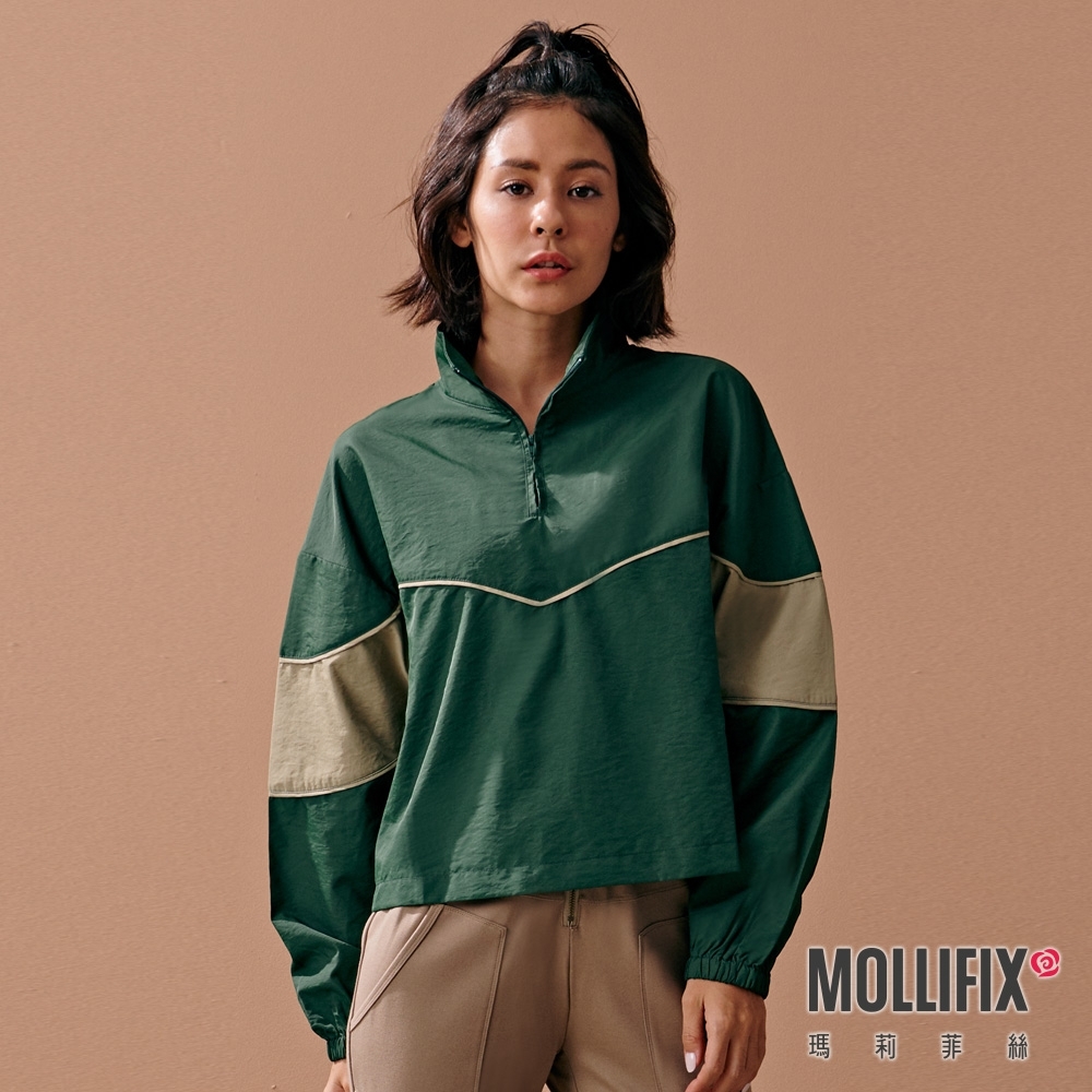 Mollifix 瑪莉菲絲 率性撞色立領長袖上衣 (墨綠色)