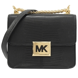 MICHAEL KORS SONIA 金屬MK LOGO動物壓紋翻蓋斜背方包(黑)