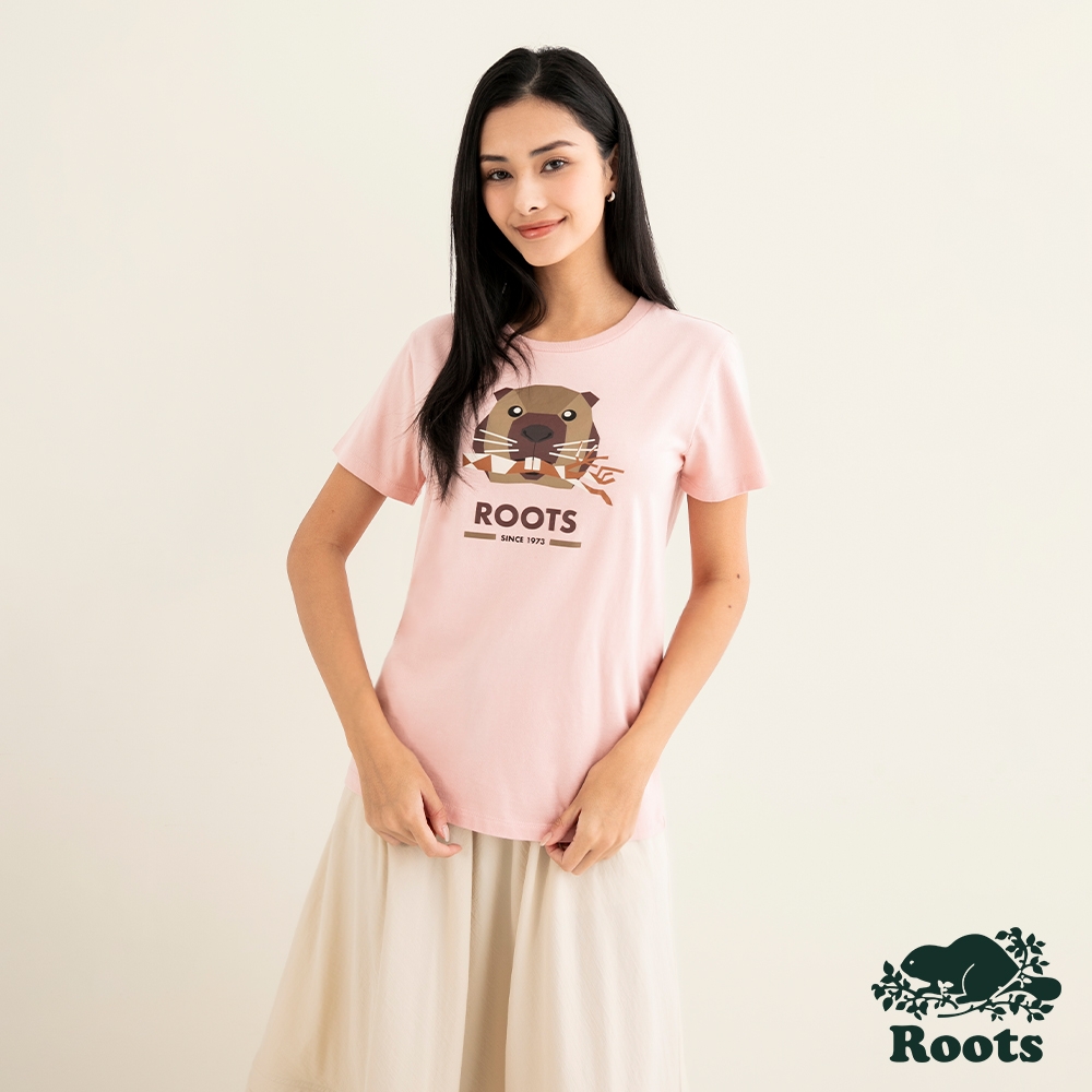 Roots 女裝- OUTDOORS ANIMAL短袖T恤-粉橘色