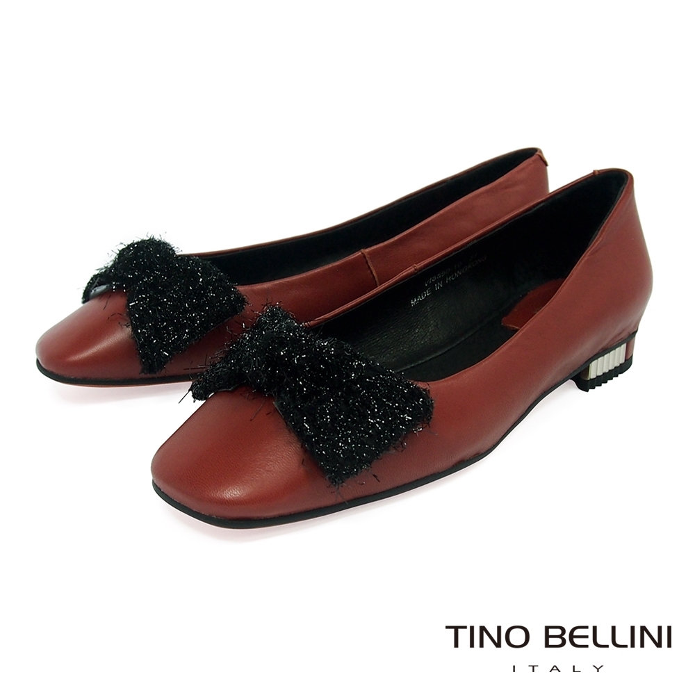 Tino Bellini冬日毛料蝴蝶結全真皮小方頭娃娃鞋_磚紅