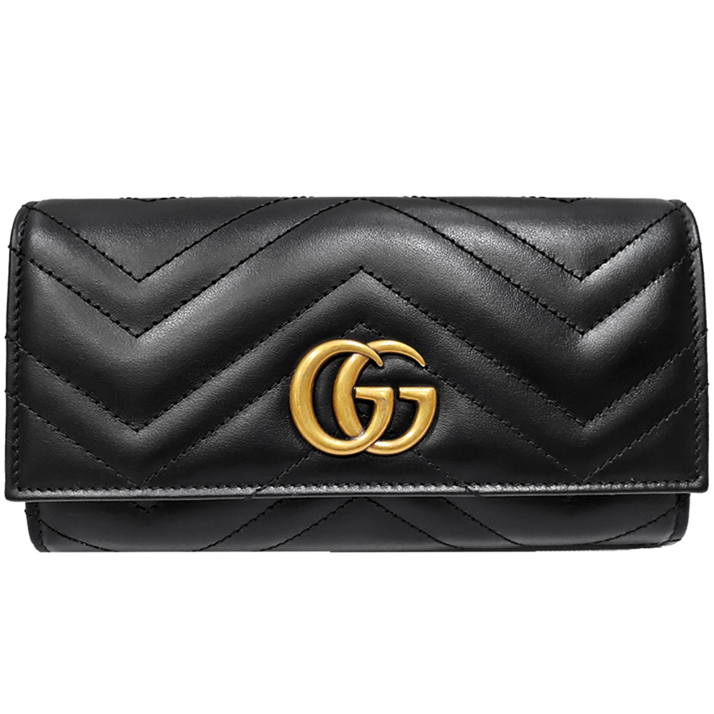 【GUCCI 古馳】 443436 GG Marmont絎縫紋牛皮金屬雙G LOGO長夾(黑色)