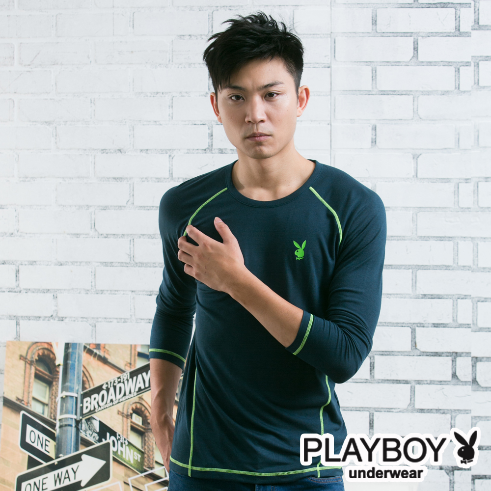 PLAYBOY極限運動型男發熱保暖衣-丈青底綠線 product image 1