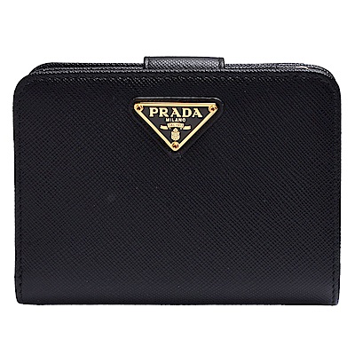 PRADA SAFFIANO TRIANG經典金色三角LOGO防刮牛皮短夾(黑)