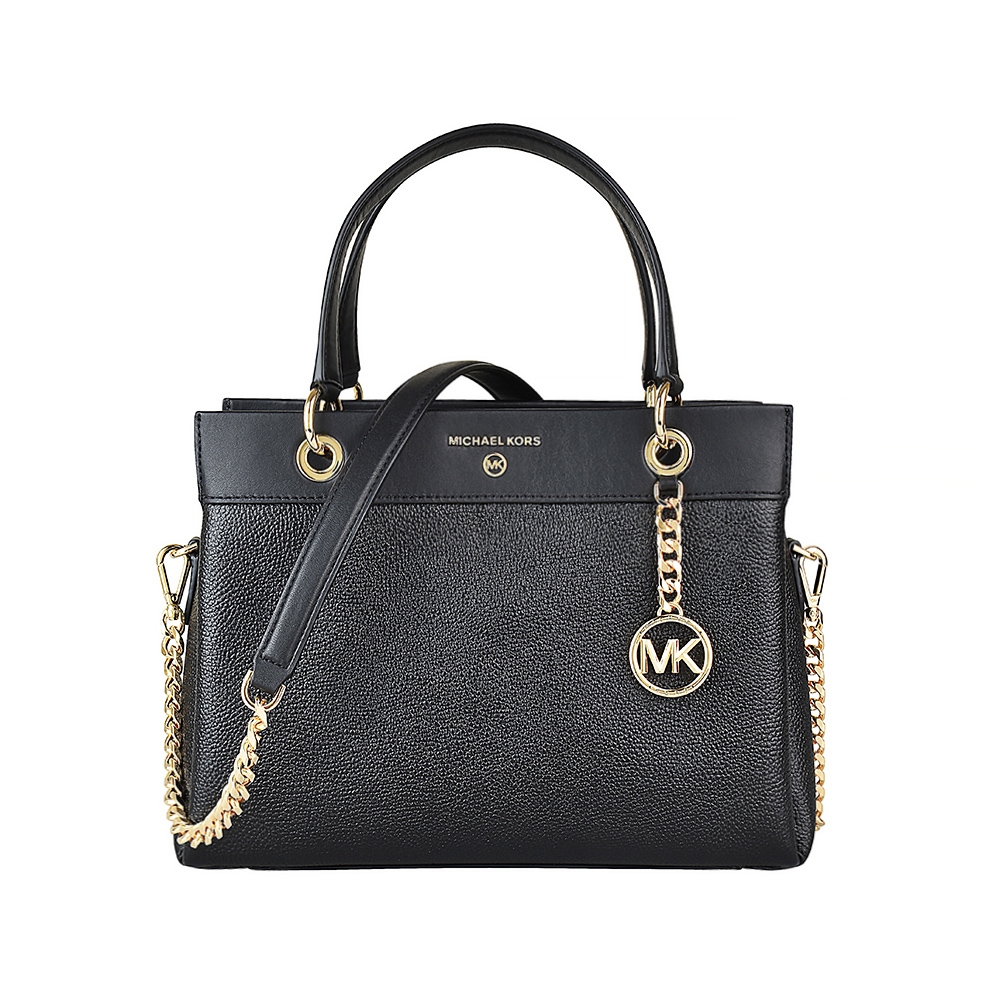 MK MICHAEL KORS SUSAN圓標簡寫LOGO牛皮拉鍊手提半鍊帶斜背包(黑)