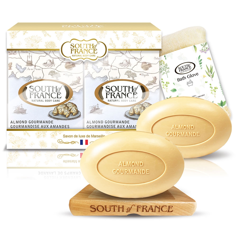 South of France 南法馬賽皂杏仁潤澤滋養組170g x2(贈專屬沐浴手套+皂盤)