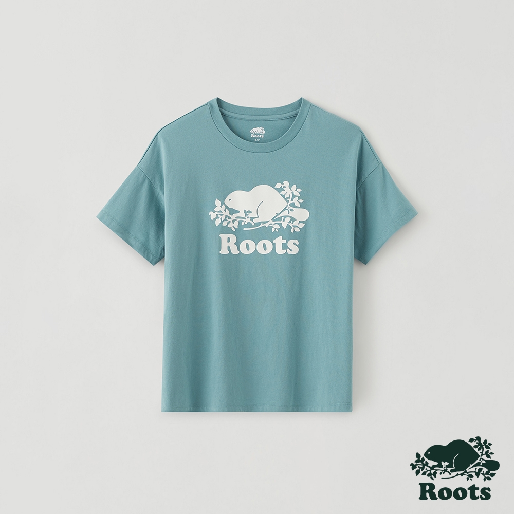 Roots 女裝- 經典海狸LOGO寬鬆落肩短袖T恤-礦藍