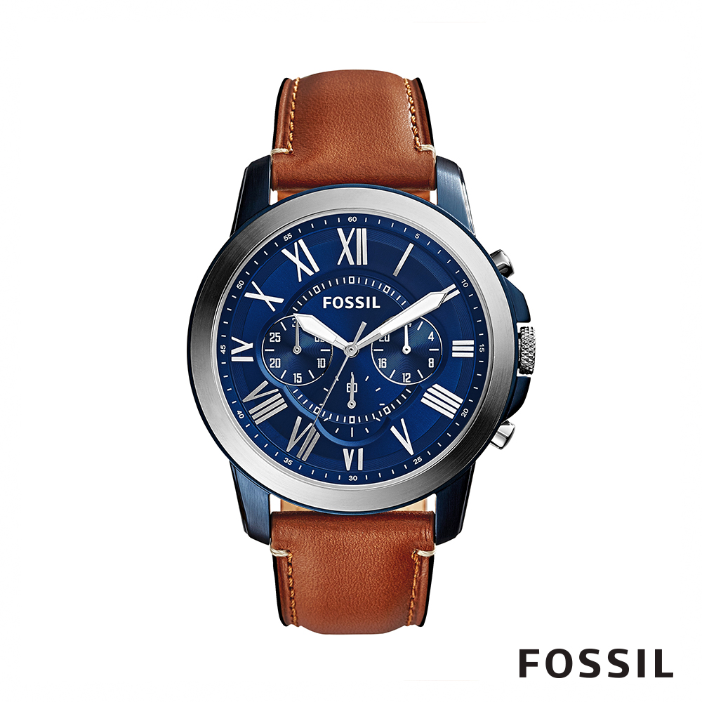 FOSSIL Grant 皮革計時男錶-淺褐藍錶面 FS5151