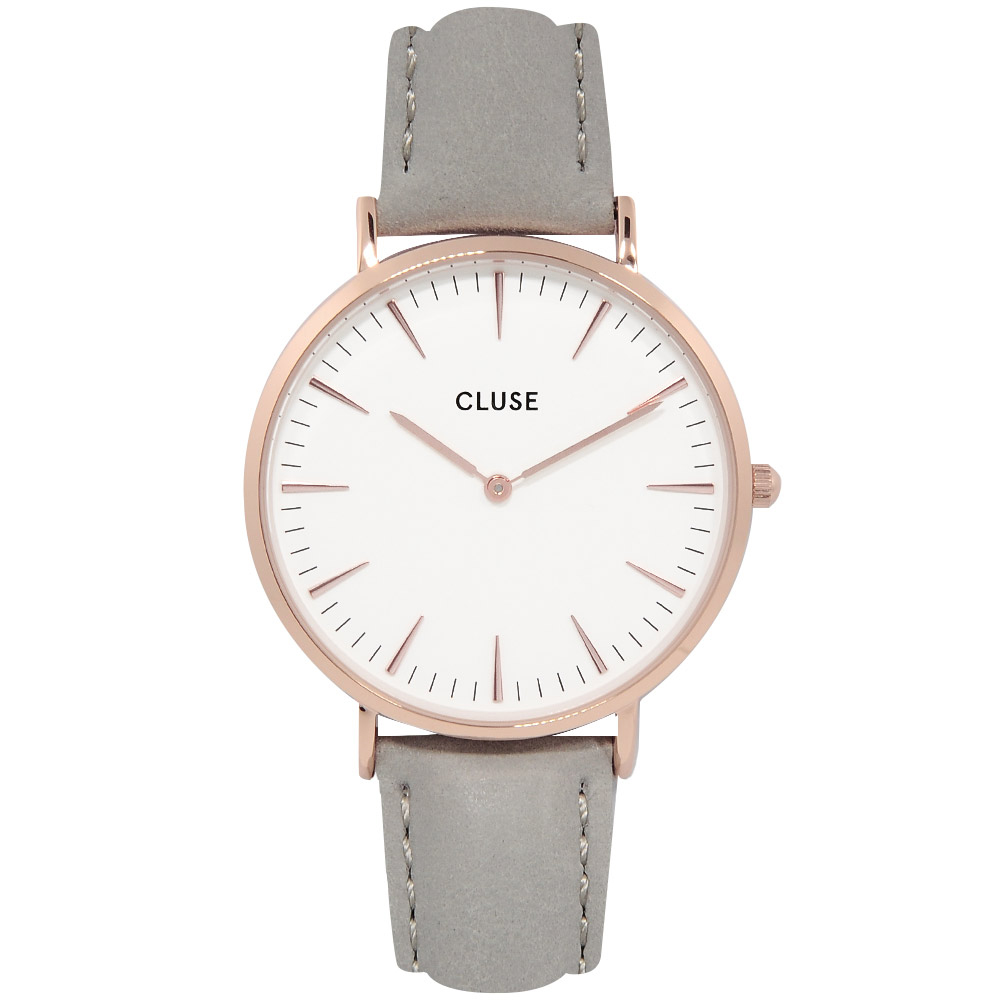 【福利品】CLUSE荷蘭精品手錶 波西米亞玫瑰金系列 白錶盤/粉灰皮革錶帶38mm