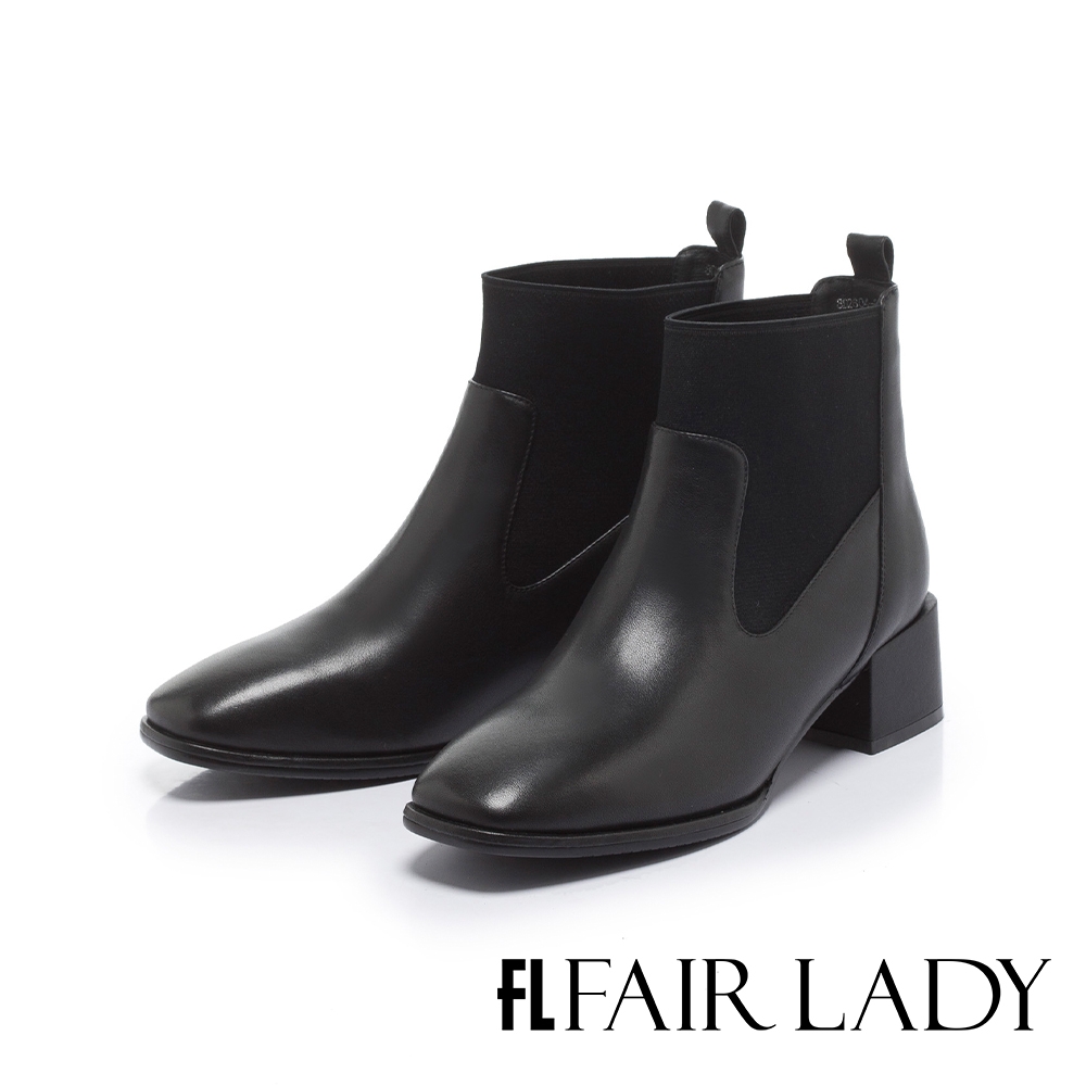 FAIR LADY 小時光 質感皮革拼接造型短靴 黑(8D2604)