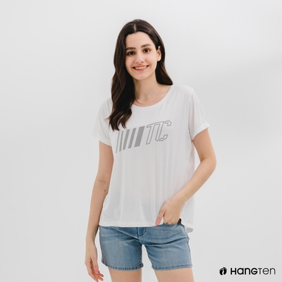 Hang Ten-女裝-恆溫多功能-環保寶特瓶回收紗HEIQ吸濕感溫後開衩印花短袖T恤-白色