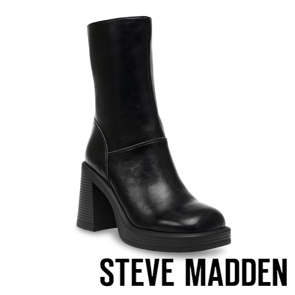 STEVE MADDEN-FINITE 皮質方頭粗跟中筒靴-黑色| 短靴| Yahoo奇摩購物中心