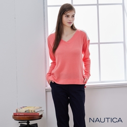 Nautica 女裝 簡約撞色華夫格V領長袖T恤-粉色