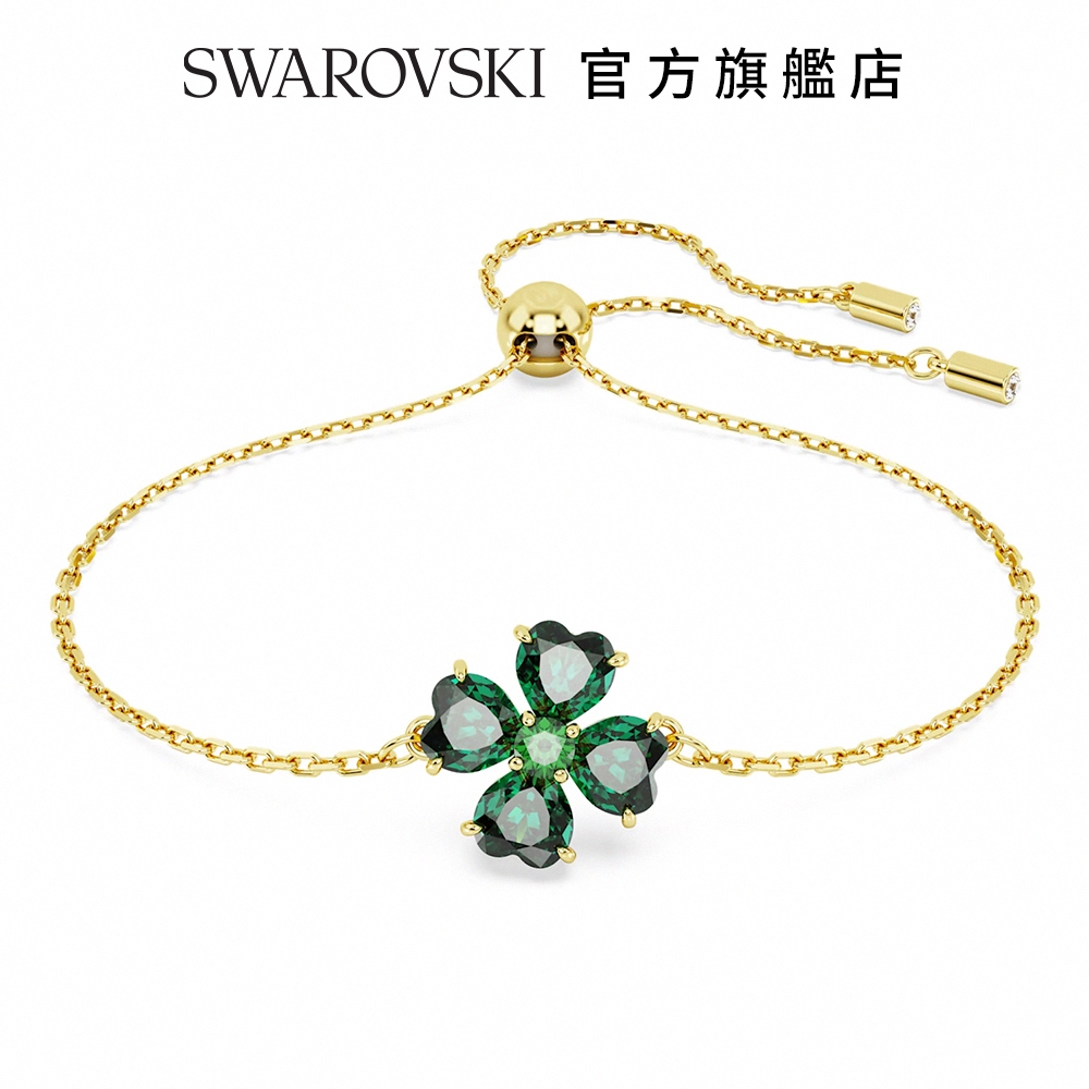 SWAROVSKI 施華洛世奇 Idyllia 手鏈 混合式切割, 幸運草, 綠色, 鍍金色色調