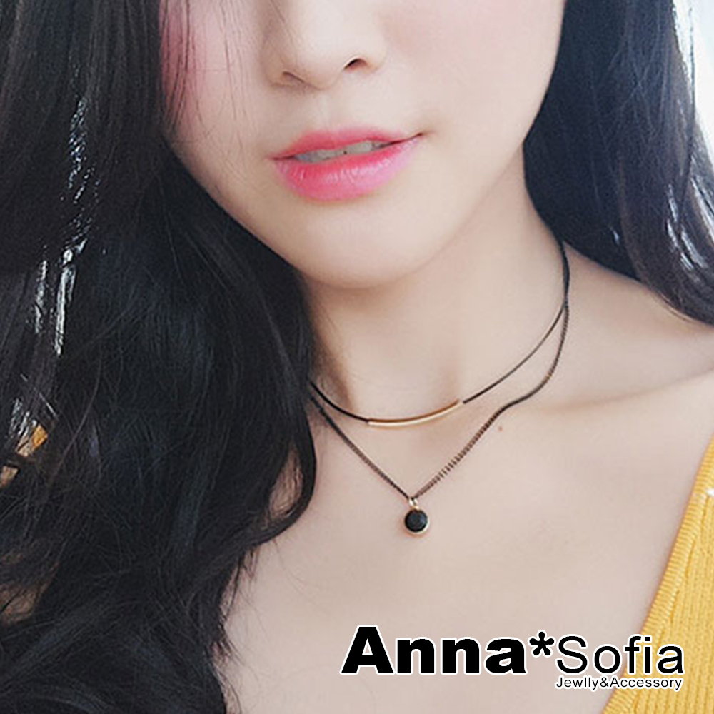 AnnaSofia 黑鑽金弧線墜 雙層項鍊鎖骨鍊頸鍊CHOKER