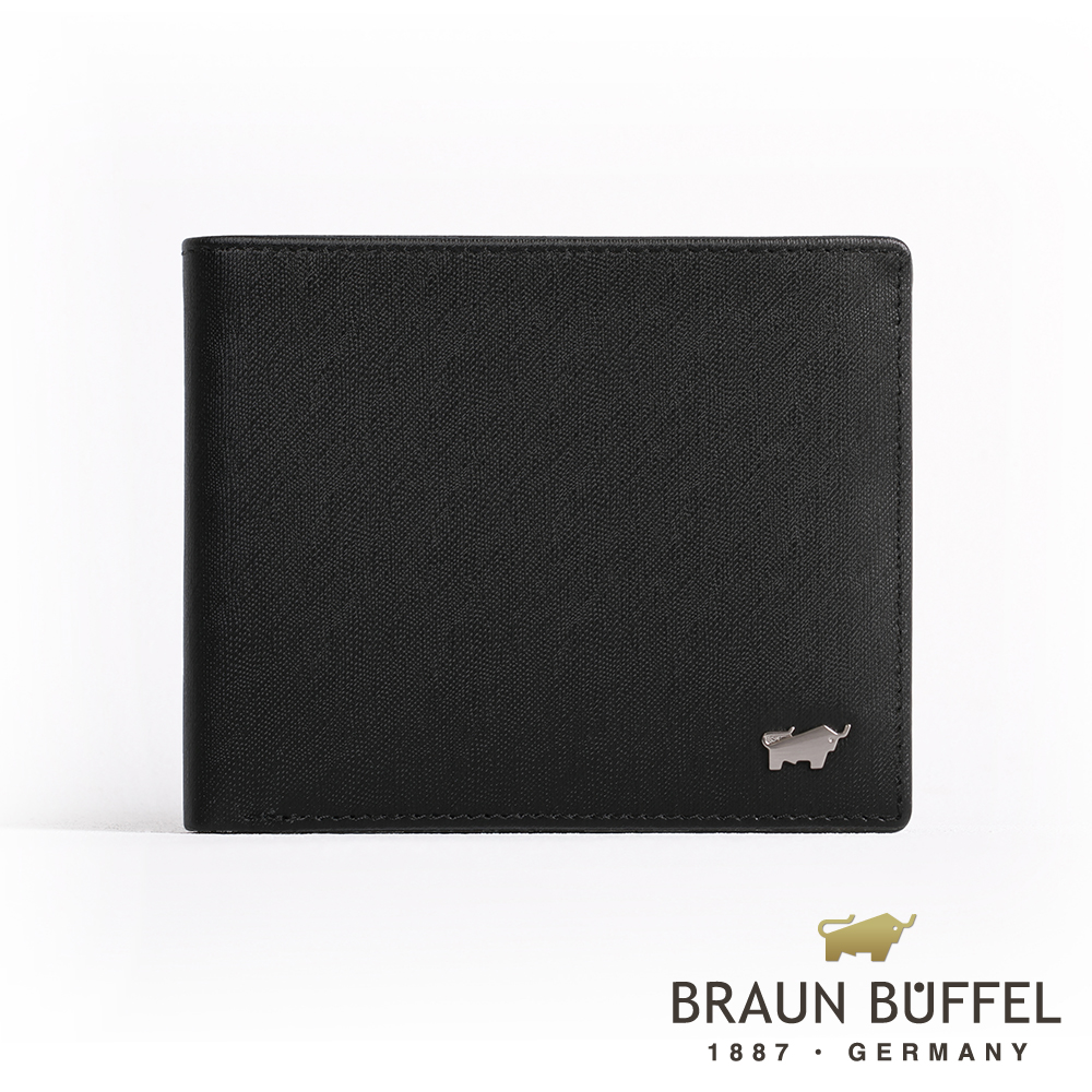 【BRAUN BUFFEL 德國小金牛】台灣總代理 HOMME-M 8卡中間翻零錢袋短夾-黑色/BF306-318-BK