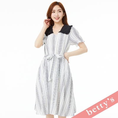 betty’s貝蒂思 直條紋水手荷葉領鬆緊綁帶洋裝(白色)