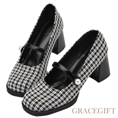 【Grace Gift】時髦黑格子珍珠中高跟瑪莉珍鞋 黑格子