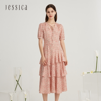 JESSICA - 甜美浪漫修身小碎花雪紡蛋糕裙擺短袖長洋裝223379