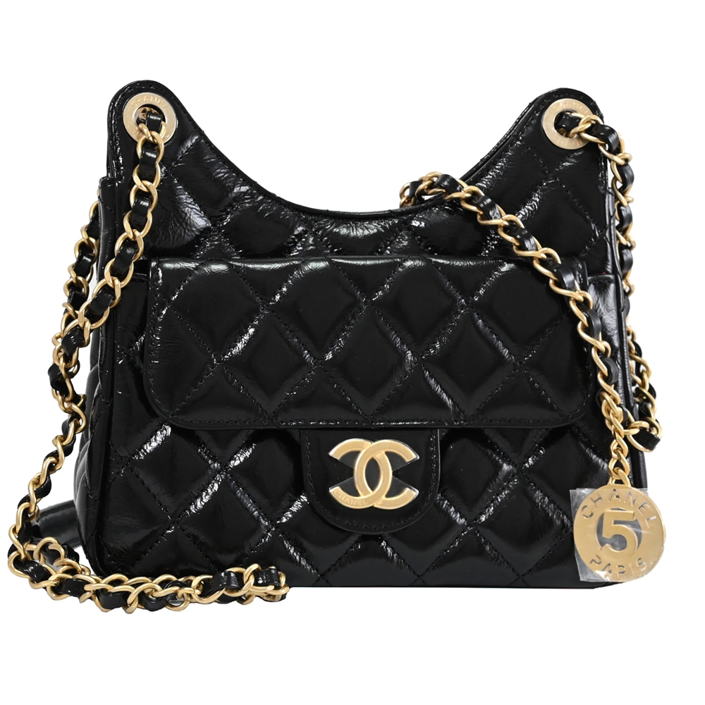 CHANEL Hobo Bag 經典雙C LOGO小牛皮金練斜背包/流浪包(黑/金)