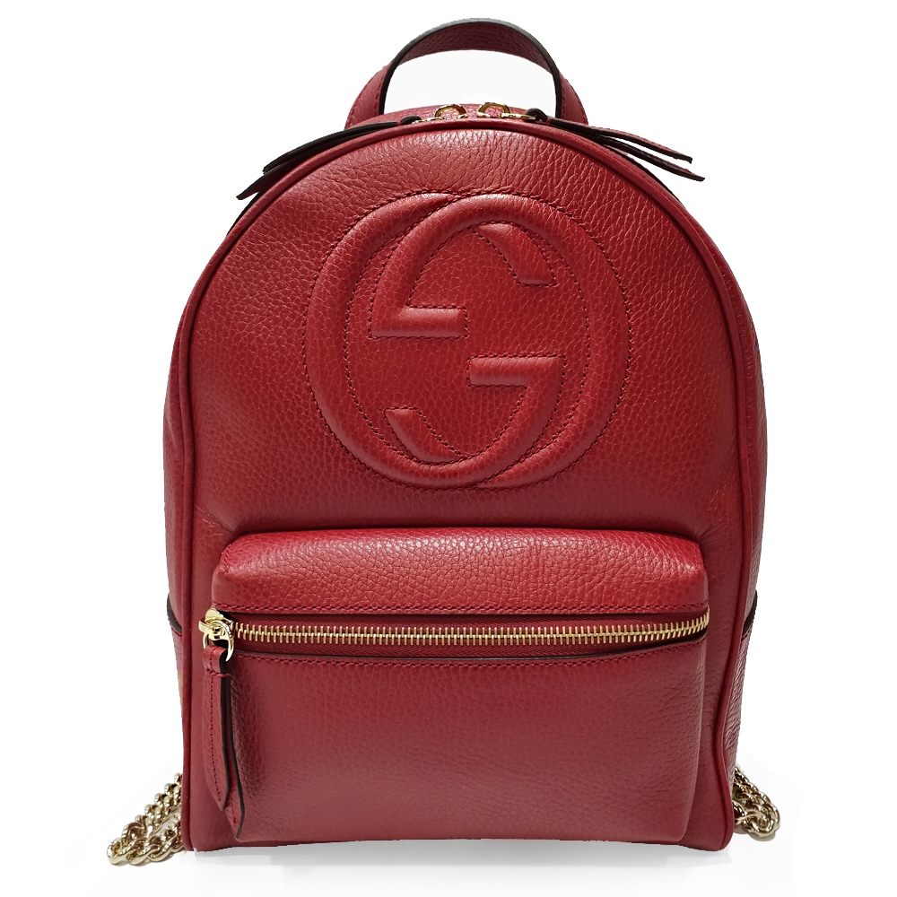 【GUCCI 古馳】 536192 經典SOHO系列GG LOGO牛皮金鍊後背包(紅色)