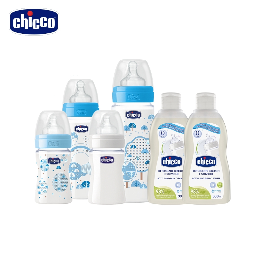 chicco-舒適哺乳-帥氣男孩矽膠奶瓶超值組(奶瓶4入+奶瓶食器清潔劑2入)