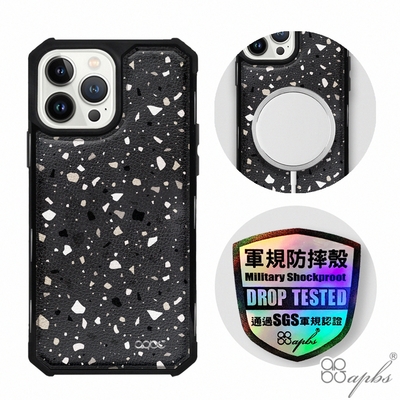 apbs iPhone 13 Pro Max / 13 Pro / 13 軍規防摔皮革磁吸手機殼-經典牛紋-鐵灰磨石(上光版)黑殼