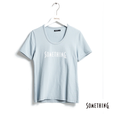 SOMETHING LOGO印花Ｕ領短袖T恤-女-淡藍色
